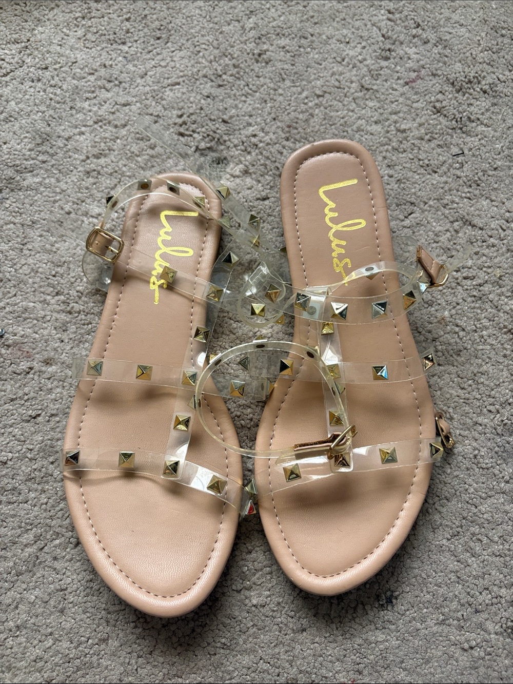 Lulu's Nude Clear Studded Slide Sandals with Gold Accents